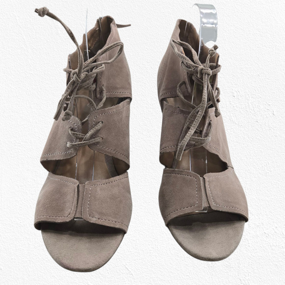 Franco Sarto Gazella Suede Lace Up Block Heel Sandals Taupe Size 10 Boho Chic - Picture 2 of 14